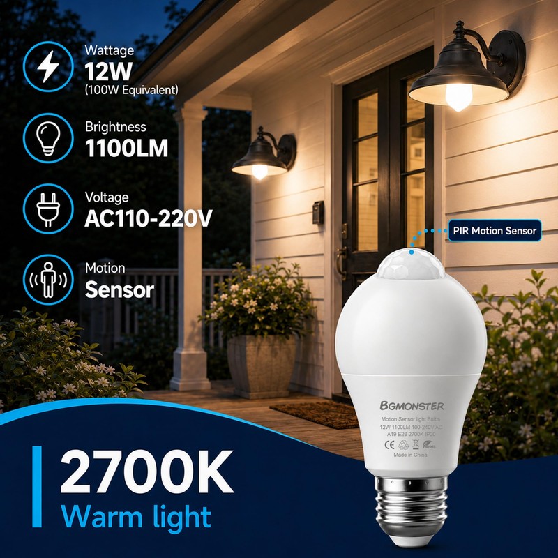 8-Pack Motion Sensor Light Bulb, 12W(100W Equivalent), 2700K Warm White