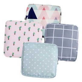 FRCOLOR 4pcs Sanitary Napkin Organizer Bag Portable Period Storage Pouch for Women Stylish Design with Zipper Closure Includes Green Dot Cactus Grey Plaid Pink Patterns for Pads Lipsticks