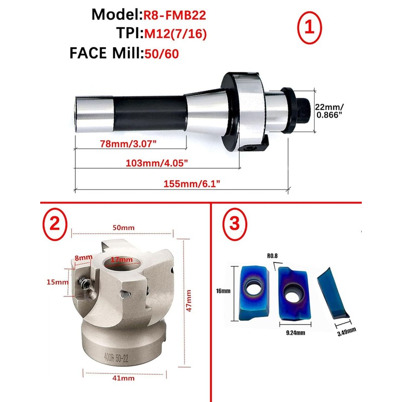 2inch R8-FMB22 Face Mill Arbor with BAP400R 50-22-4T 50mm/1.9inch Face