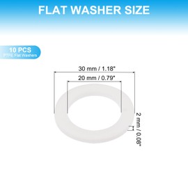 PATIKIL 10 Pcs PTFE Flat Washers 0.79" ID 1.18" OD 0.08" Thickness Sealing Spacer Flange Gasket for Machines Pipe Valves Oil Gas Industries, White (20x30x2mm)
