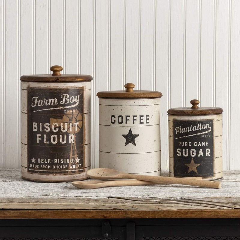 Primitives by Kathy 39060 Farmhouse Tin Canisters, Sugar/Coffee/Flour