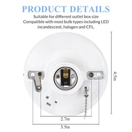 Saysurey 2 Pack Porcelain Light Socket with Pull Chain Light Bulb Socket with Grounded Outlet E27/e26 Base Socket Porcelain Box Mount Ceiling Light Fixture for Indoor Garage Closet Lighting White