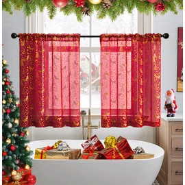 XTMYI Small Window Curtains for Kitchen Over Sink,Red Christmas Sheer Cafe Curtains 24 Inch Length