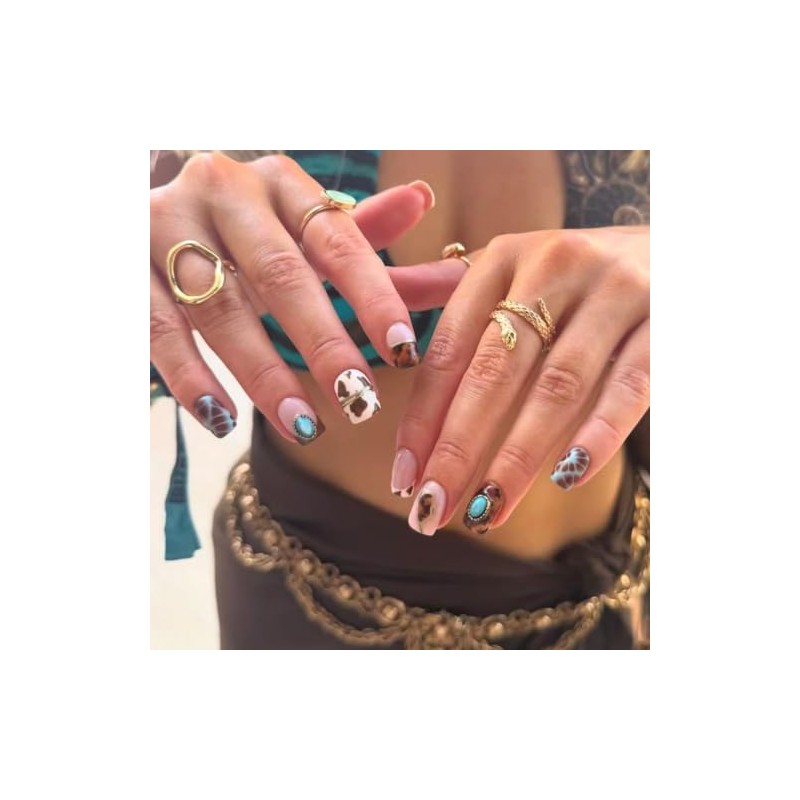 Uñas postizas cuadradas cortas - Uñas postizas con estampado de