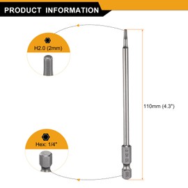 HARFINGTON H2.0 Hex Head Drill Bit Wrench 2mm Metric Flat Tip 1/4" Hex Shank 110mm (4.3") Long Magnetic Hexagonal Screw Driver Socket Industrial Screwdriver Power Bits