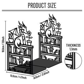 WADORN Bookshelf Dragon for Shelves Decorative 1 pair, Reading Dragon Pattern Non-Skid Heavy Duty Book Ends Metal Book Holder Black L-Shaped Book Stopper for Library Home Office Desk Door Stop