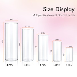 Fgail 20 Pack Clear Glass Vases for Centerpieces, Cylinder Vase Set, 4,6,8,10,12 Inch Tall Flower Vase for Home Decor, Flower Vase for Table Decorative & Hurricane Floating Candle Holders