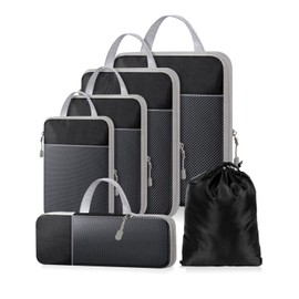 NMNGB 6-Piece Compression Packing Cubes for Suitcase Essential Bag with Mesh Extensible, Travel Organisers, Zipper, Multifunction Organiser, Black