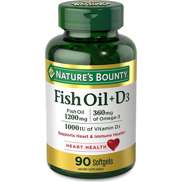 Fish Oil plus Vitamin D3 by Nature's Bounty, Contains Omega 3, Immune Support & Supports Heart Health, 1200mg Fish Oil, 360mg Omega 3, 1000IU Vitamin D3, 90 Softgels