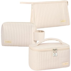 Linpr Juego de 3 bolsas de maquillaje, bolsa de aseo de piel sintética a rayas, portátil, impermeable, organizador de maquillaje de viaje, bonitas bolsas de maquillaje para mujeres y niñas, Blanco, Sencillo