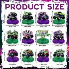 CHUNNIN 12PCS Green Purple Monster Truck Honeycomb Centerpiece Monster Truck Birthday Party Decorations 3D Monster Truck Table Ornament Racing Car Decor for Kids Birthday Baby Shower Party Favors