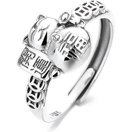 SUNYOBAO Women's Ring, One Size Fits Most, Silver, Copper Coin, Letter Engraving, Cat Ring, Cute, Cat Ring, Animal Motif, Adjustable, Stylish, Birthday Gift Accessory