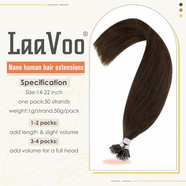 LaaVoo Nano Ring Hair Extensions Real Human Hair Dark Brown Hair Extensions Remy Straight Nano Beads Real Human Hair Extensions 24Inch 50g 50s #4