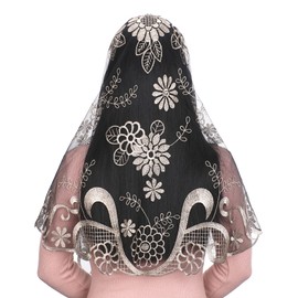 Bozidol Catholic Veil Church Mantilla Spanish Lace Chapel Veils Christian Head Covering Mass Veil for Women (Black-Gold)
