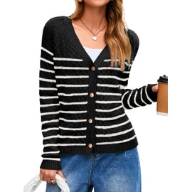 Glamaker Womens Striped Cardigan Sweaters - Long Sleeve Button Open Front Knit Cardigans Lightweight Fall Sweater Trendy 2025,Black S