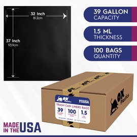 Ox Plastics 39 Gallon Trash Bags - 100 Trash Can Liners Bags & 1.5mil Thick Extra Heavy Duty Strength -Large Garbage Bags, Leak-Proof & Durable Black