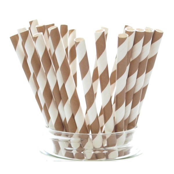 Gold Wedding Straws, Brown Striped & Chevron Straws (Pack of 50) - Anniversary Party Supplies, Drinking Paper Straws
