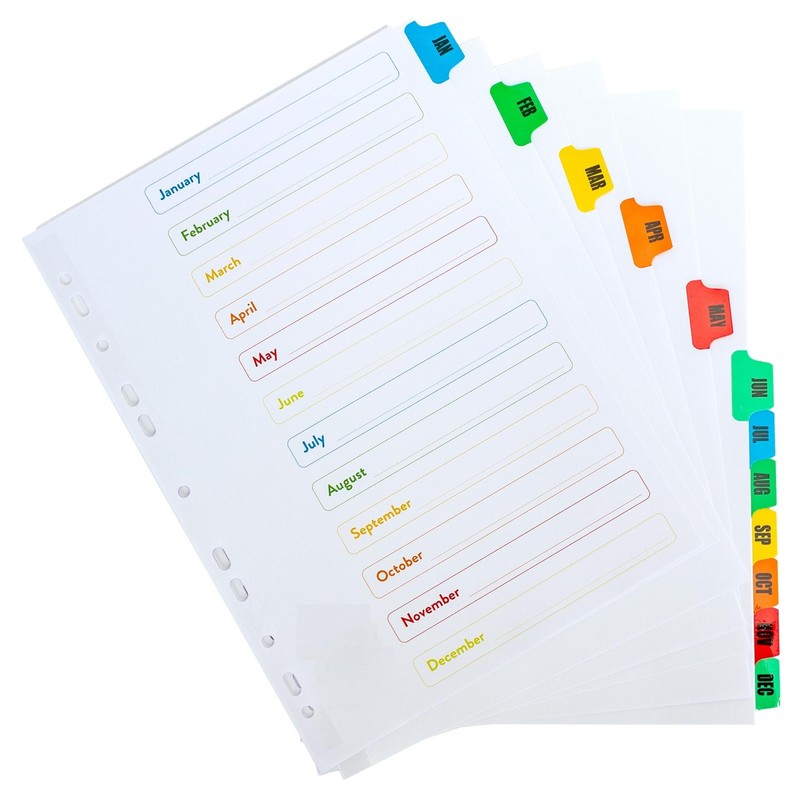 5 Pack | A4 Jan-Dec Monthly Subject File Dividers 12
