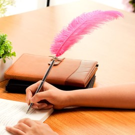 HugeDE Stainless Steel Feather Pen Wedding Signing Pen Fancy Ballpoint Pen Vintage Signature Pen Gift Writting Pen for Home Office Party Hot Pink