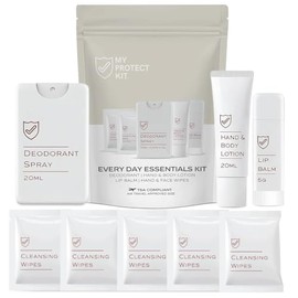 MY PROTECT KIT Artículos Esenciales De Viaje Aprobados Por La Tsa Para Hombres Y Mujeres: Kit De Higiene Con Artículos De Tocador Para Uso Diario. Incluye Loción Para Manos Y Cuerpo, Desodorante,