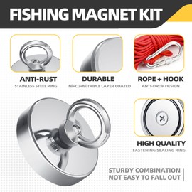 2.75"(70 mm) Fishing Magnet Kit- 640lbs Large Strong Rare Earth Fish Magnets Heavy Duty with 65ft Rope, Super Neodymium High Power Magnet with Handle for Retrieving in Lake, Beach, Lawn(D70 Set) ﻿