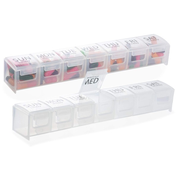 GMS Weekly Pill Case for Medication, Vitamins, Supplements, and Other Pills - Seven Boldly Labeled Compartments with Secure Latch - Great for Travel and Everyday Use (Clear) (2)