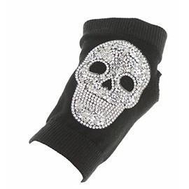 Womens Crystal Black Diamante Skull Crossbones Goth Steam Punk Rock Fancy Dress Knitted Knit Warm Winter Driving Christmas Birthday Gift Idea Hand Warmers Fingerless Half Gloves Mitts Mittens (Silver)