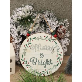 Merry and Bright Christmas Wall Hanging Ornaments, Rustic Farmhouse Wood and Metal Round Holiday Wall Sign with Wood Bead String Hanger, Dia 7.9"