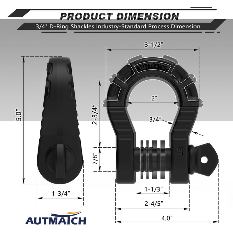 AUTMATCH D Ring Shackles 3/4" Mega Shackle (2 Pack) 68,000Ibs