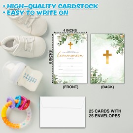 Eucalyptus Baptism Invitations, Gold Foil First Holy Communion Religious Party Invitation, Christening Naming Ceremony, 25 Invitation Cards With 25 Envelopes(C01)
