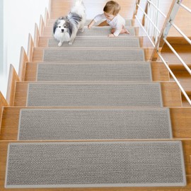 DOPLUSDO Non Slip Stair Treads for Wooden Steps, Stair Runners Indoor, 15 PCS 8" x 30" Natural Linen Carpet Stair Treads, Self-Adhesive Washable Backing for Kids Elders and Pets, Gray