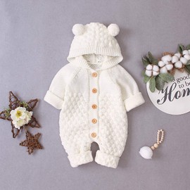 HKYFNNBW-Newborn Baby Winter Hoodie Romper, Long Sleeve Knitted Solid Color Button Jumpsuit (White, 0-6m)
