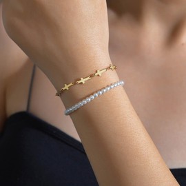 Xduargs Boho Pearl Chain Bracelet Layered Cross Bracelet Vintage Pearl Beaded Bracelets Round Pearl Chain Wrist Bracelet for Women