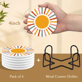Drink Coasters with Holder,6 Pcs Boho Minimalist Sun Moon Absorbent Ceramic Coasters with Cork Base,Cute Funny Table Drinks Coasters,Table Home Decor,4 Inches