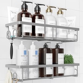 Kitsure Shower Shelf No Drilling - Pack of 2 Rustproof Bathroom Organiser, Quick Drying Bathroom Shelf, with Large Capacity, Durable Shampoo Holder for Shower Made of Stainless Steel, Large, Grey