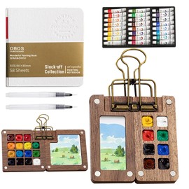 Olgary Mini Aquarellkasten-24 Farben Malkasten Aquarell 2 Aquarellpaletten, Premium Holz Palette mit Reisebox aus Buchenholz,Magnetpalette mit Clip Mini-Holzpalettenbo Zusammenklappbare