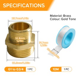 Lyeteung 1 PC G1 Male to G3/4 Male, Thread Brass Hex Nipple Connector, Straight Pipe Hex Fitting, with Plumbers Tape, for Pipe Connection