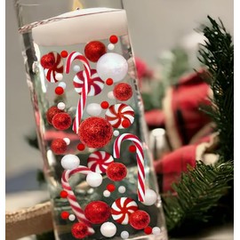 250 Floating Realistic Christmas Sparkling Red & White Peppermints-Candy Canes-Fills 5 Gallons for Your Vases-with Measured Transparent Water Gels Floating Kit-Warm White Submersible Fairy Lights
