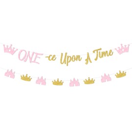 Sursurprise Princess Themed 1st Birthday Decorations, One-ce Upon A Time Banner Pink Gold for 1 Year Old Girls, Princess Themed First Birthday Party Supplies