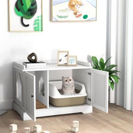 Tangkula Cat Litter Box Enclosure with Cat Scratching Pad, Adjustable Divider, Hidden Cat Washroom, Indoor Cat House End Table, Cat Box Cabinet Storage Bench, Large Double Litter Box Furniture (White)