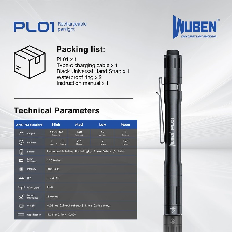 WUBEN PL01 Pen Light, 650 Lumens Pocket EDC Flashlight Rechargeable,