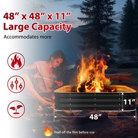 Height 11.5 Inch, Square Galvanized Steel Fire Pit for Outside, Heavy Duty Steel Fire Pit In-Ground for Backyard, Camping, Bonfire, Flower Raised Garden Bed for Garden (4X4X1 FT)