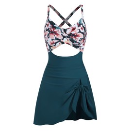 ZAFUL Women One Piece Swimsuit Over 50 Tummy Control Bathing Suit Slimming Swim Skirt Modest Ladies Swimwear Push Up Cut Out V Neck Swimdresses 2023 Vintage Cute Tie Knot Monokini Lake Green M