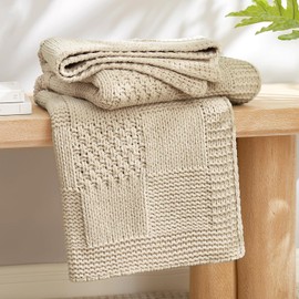 Amélie Home Checkered Throw Blanket Soft Cozy Knit Throw Blanket Farmhouse Decorative Chenille Throw Blanket for Couch Bed Sofa Living Room, 50"x 60", Beige