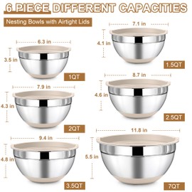LIANYU 6 Piece Mixing Bowls Set with Airtight Lids, Size 7, 3.5, 2.5, 2, 1.5, 1QT, Stainless Steel Nesting Metal Bowls for Kitchen Baking Cooking Serving Food Storage, Non-slip Bottom, Khaki