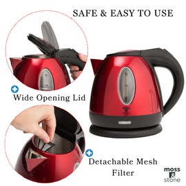 Moss & Stone 1.2L Stainless Steel Small Electric Kettle Red Color, Cordless 1500w Fast Boiling Pot, Portable Hot Water Electric Tea Kettle With Boil Dry Protection & Auto Shut-Off