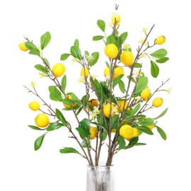Yilloog 4 Pcs Lemon Decor Fake Lemons Branch Artificial Lemon Decorations Yellow Vivid Artificial Lemon with Long Stem for Kitchen Garden Farmhouse Table Centerpiece Wedding Party Home Decoration