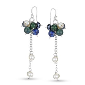 AeraVida Cluster Multi Stone & Cultured Freshwater Pearl .925 Sterling Silver Dangle Earrings | Elegant Sterling Silver Dangle Earring for Women | Pearl Earrings, Metal Pearl, Pearl