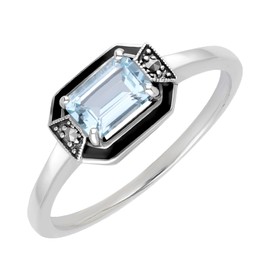 Esse Marcasite Sterling Silver Blue Topaz and Marcasite Art Deco Solitaire Ring (P)