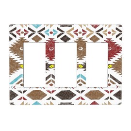café Rojo Abstracto Retro Tribal Navajo Azteca Etnico Colorido Boho Moderno Geométrico 3 Pandillas Triple Rocker/GFCI, Placa frontal eléctrica Azteca Suroeste Decoración de habitación Sin Tornillos